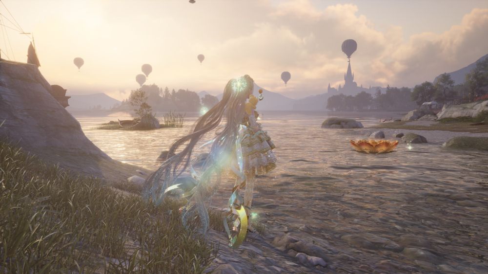 Nikki in a tutu style dress, wearing her hair in very long twin tails and a rainbow glare behind her, standing by a lake at sunset. There are hot air balloons in the sky all around in silhouette. She is watching a giant red and gold lotus float into the the lake from a stream nearby. 