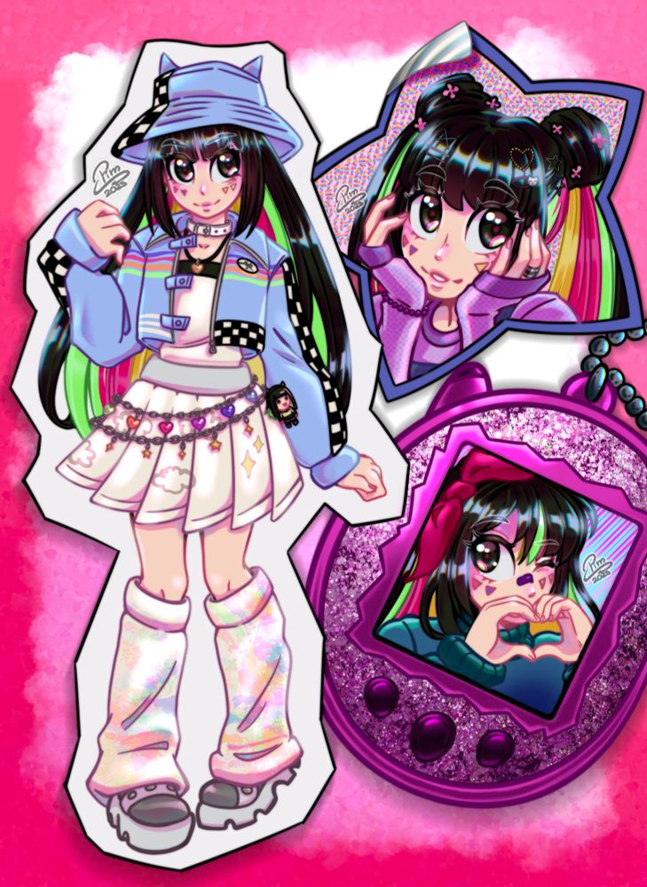 Nanairo Multi from beyblade x in different dresses as a sticker, a paper cut and inside a tamagochi 
