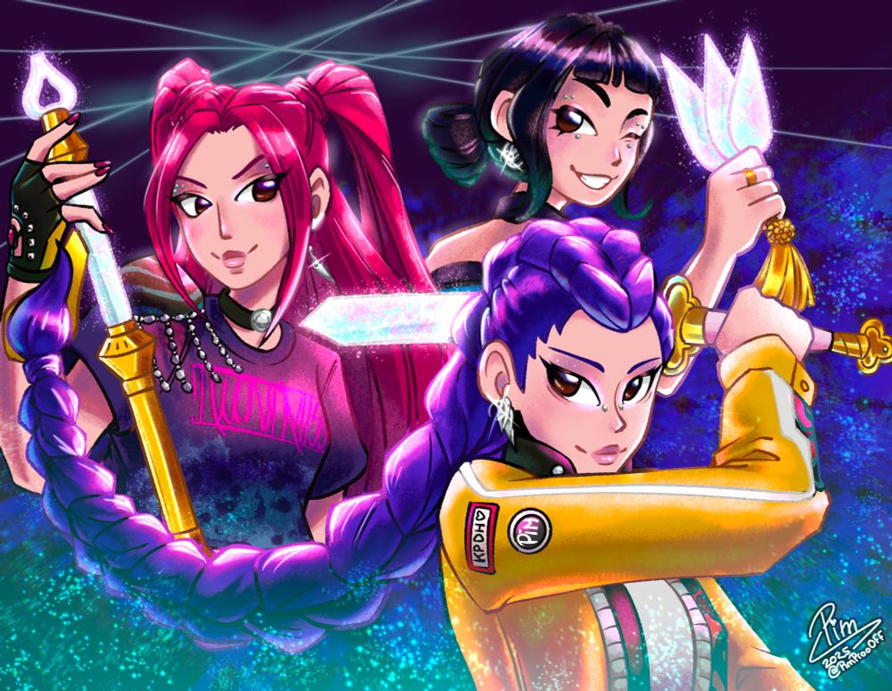 Fanart of Zoey, Mira and Rumi, the Huntrix on KPOP Demon hunters