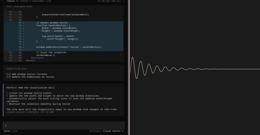 opencode window on the left and a minimal sine wave style graph on the right