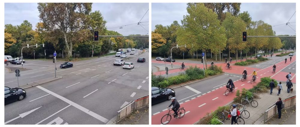 College. Links das Stuttgarter Tor. Eine Kreuzung mit viel asphalt und autos. Rechts ein KI Bild mit breiten Radwegen, mehr grün und weniger fahrspuren für Autos. 