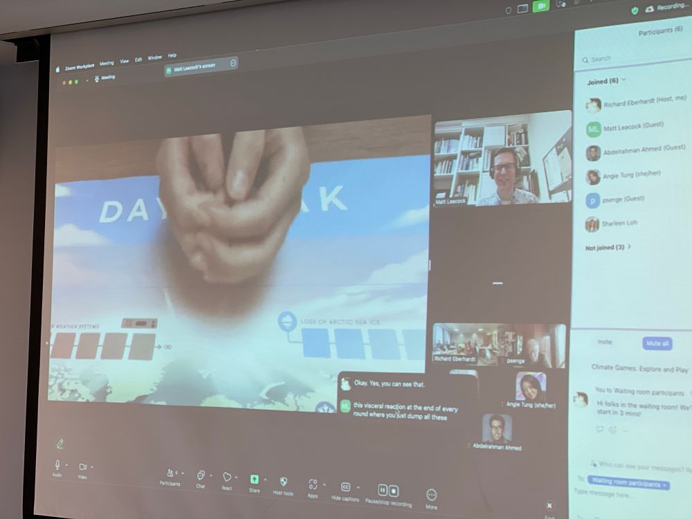 Zoom call with Matt Leacock, sharing short video clips of how the game works). 