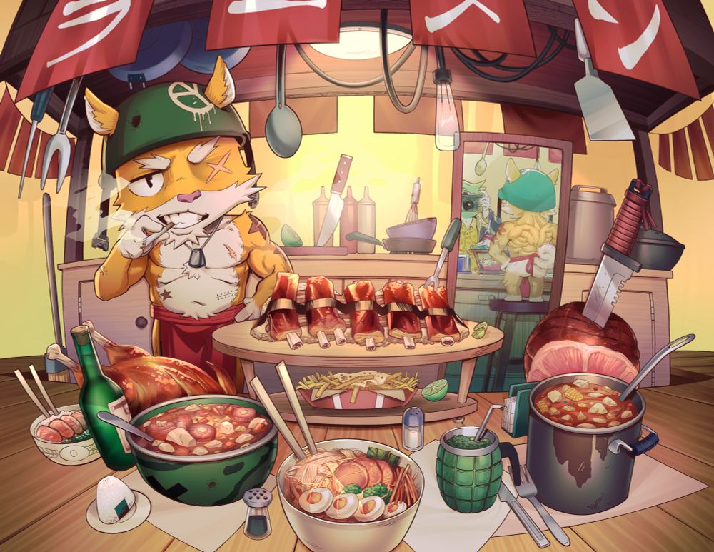 A detailed illustration of a Shiba Inu dog character wearing a military helmet and an apron while smoking a joint in front of several dishes (Cooked by him) it what seems to be a street food joint.

The food includes Ox tail stew, Beef Rib Soup, Pork Ramen, Rotisserie chicken, Hierba mate (In a hand granade cup), Rice with peans and slices of grilled pork, a bottle of white wine, a huge wheel of ham with a battle knife sticking out of it, French Fries with ranch and pepper on top with a side of lemon slice, Smoked Ribs on a bed of mashed potatoes with a kitchen fork sticking out of them (And a side of lemon slices), a rice cake, some condiments such as salt and pepper and utensils such as forks, knives and napkins.

The background shows a pretty messy kitchen with some thrown around kitchen ware, as well as a mirror that reflects the very muscular back of the Shiba Inu Character, as well as a photographer (Me, the artist) taking the photo, establishing the whole illustration as his point of view.
