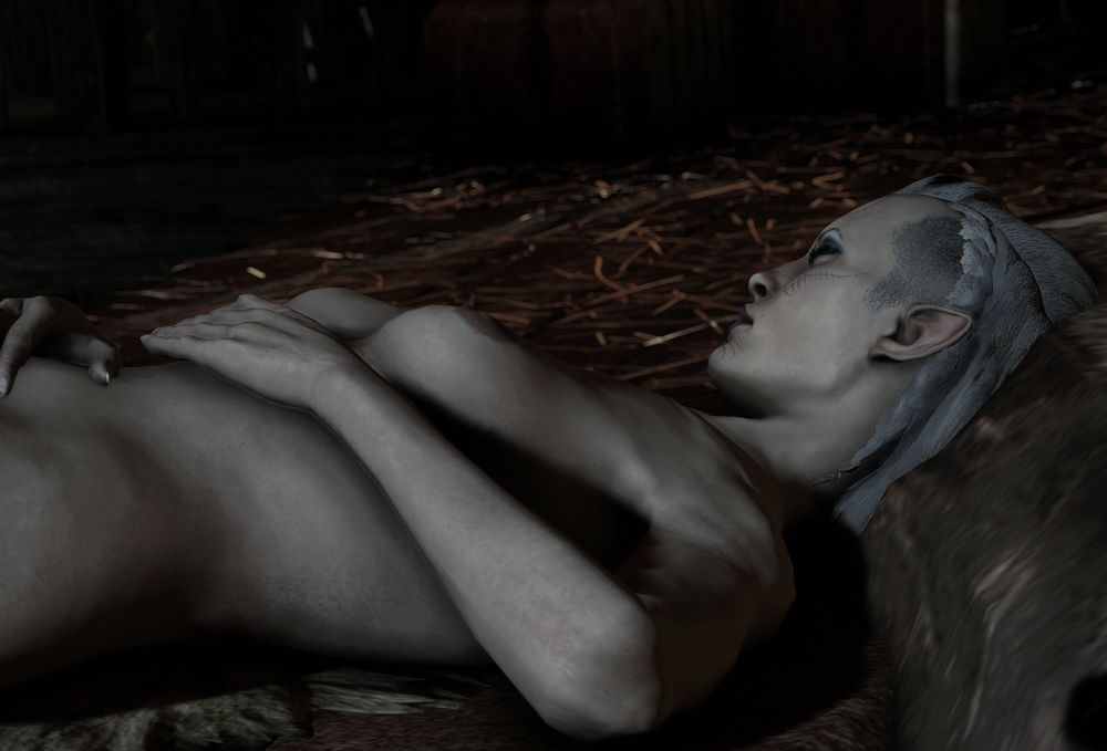 Mira fast asleep on a makeshift bed of furs and blankets over a hay bale in a darkened barn. She's nude, with her hands resting on her stomach and her skin bathed in moonlight. She'd fallen asleep with Blackwall at her side, and is about to wake alone, her world turned upside down.