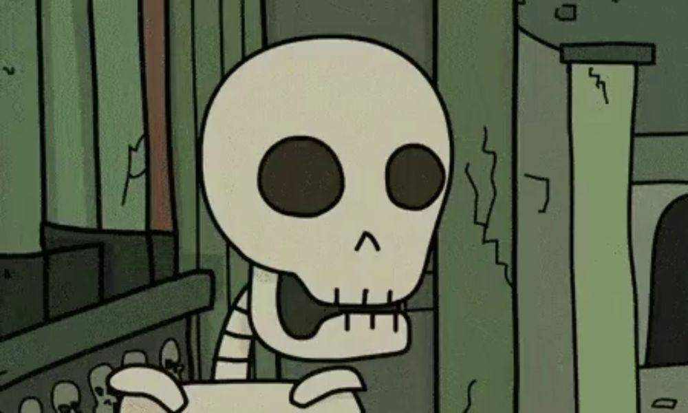 a cartoon skeleton is standing in front of a window in a room .