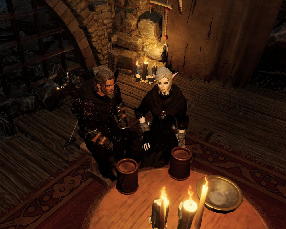 A screenshot from Divinity: Original Sin 2.

In the underground, at a small, round table, Ifan and my Godwoken sit together and share a drink in a quiet corner.

Ifan is a human wayfarer with medium brown skin, brown hair and beard, and a crossbow on his back. My Godwoken (a very white-skinned elf with silver hair) is a dual wielding rogue who uses her own blood to enhance her attacks. Ifan can also use her blood to enhance his attacks. As a treat. (elemental arrows go brrrr)