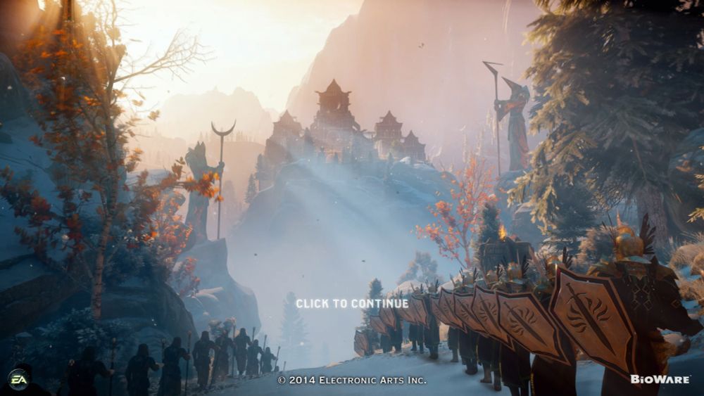 The title screen for Dragon Age: Inquisition: The Temple of Sacred Ashes in the background, nestled into the snowy mountains. In the foreground are pine trees on either side of the screen. Marching toward the Temple are two lines of people: on the left, mages, and on the right, templars. The music's bangin and the vibes are immaculate.