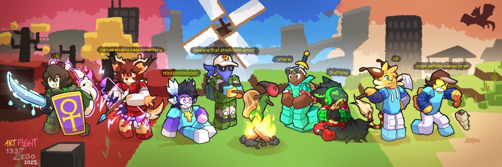 from left to right:
Lily; @Blizaki [twitter, bsky]
Leiko; @LeetLego (me) [twitter, bsky]
Pixei; @Pixeiates [twitter]
Kyle; Kyles45678 [twitter, roblox]
Hello; @lolno99 [twitter], helloguys34 [roblox]
Spark; debo106 [discord]
Kitty; tigerannalily [discord]
Mr. Smiley; @oreotheartist [bsky]
