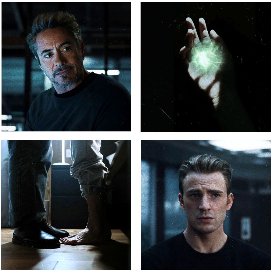 Moodboard for the fic containing four images: a picture of Tony Stark from Endgame, a hand projecting a ball of green energy, two pairs of feet standing across from each other on a wooden floor, a picture of Steve Rogers from Endgame