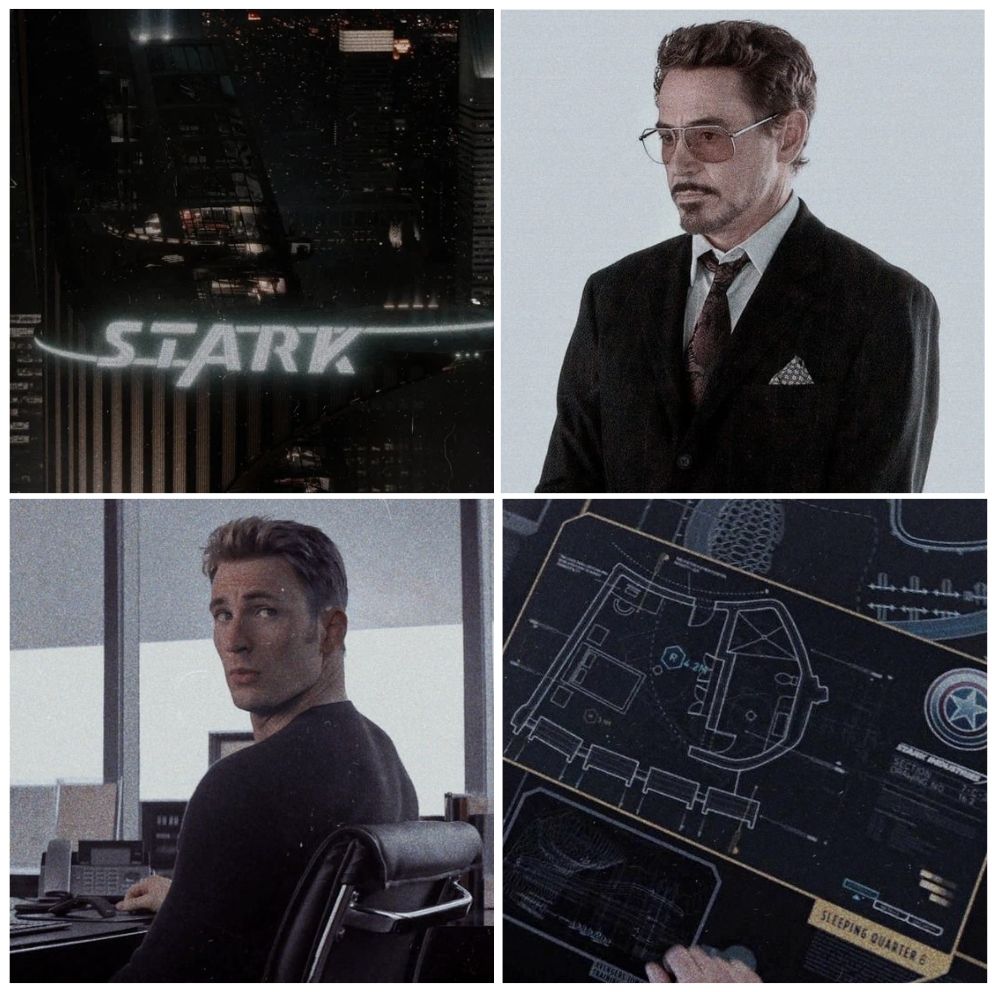 Moodboard for the fic containing four images: a picture of the Stark Tower, Tony Stark in a suit, Steve Rogers at a desk, a screenshot of the Avengers Tower plans