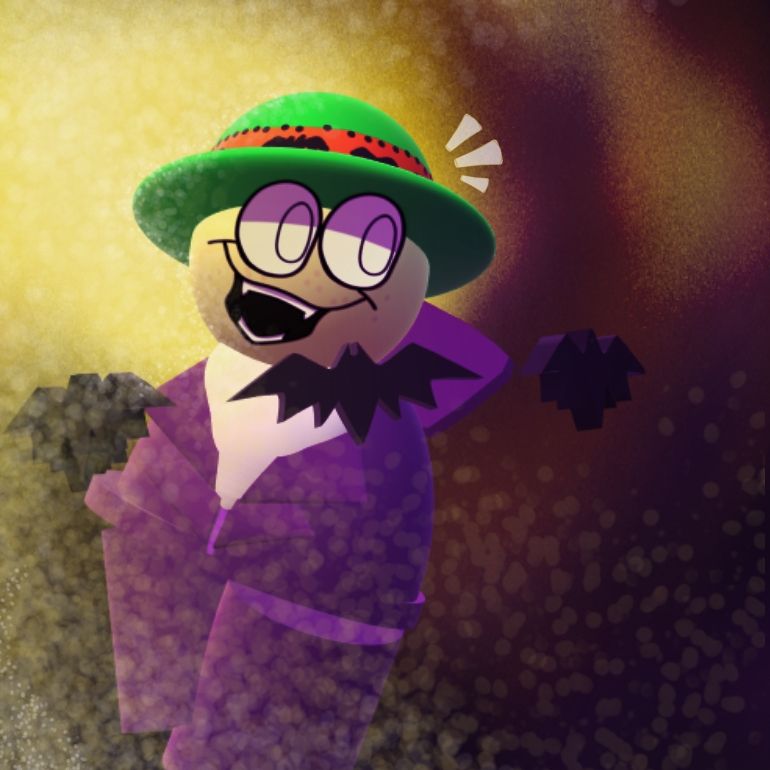 Halloween edition bandu floating in a sparkle yellow and purple void with bats floating around him