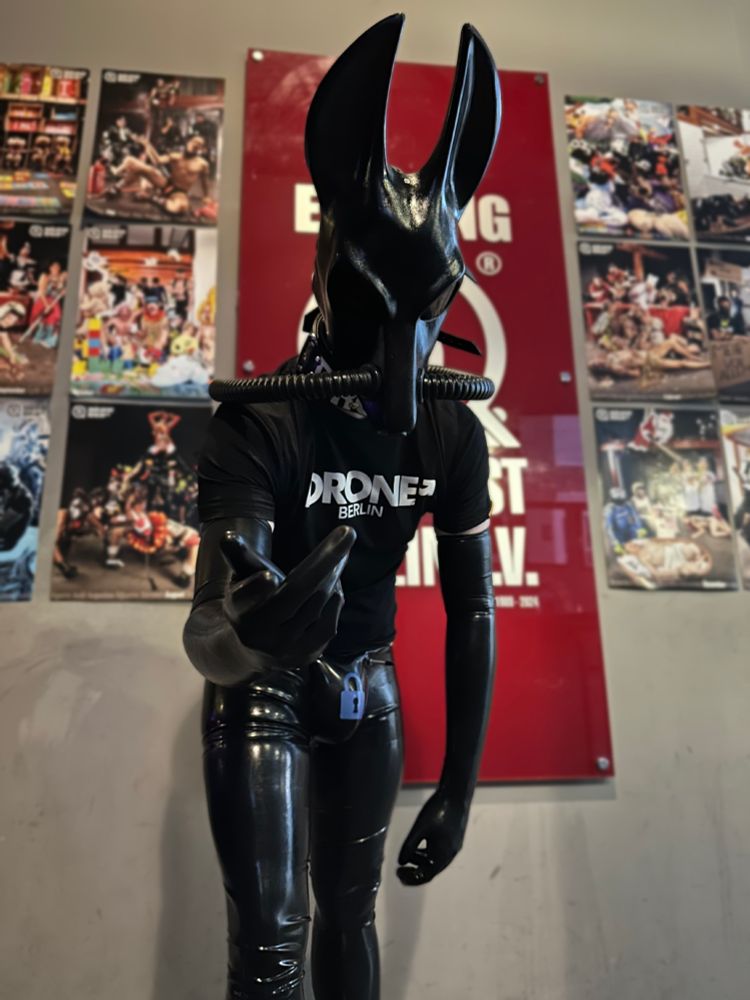 The jackal drone bends forward and reaches with the right hand towards the camera, inviting the viewer to join it.