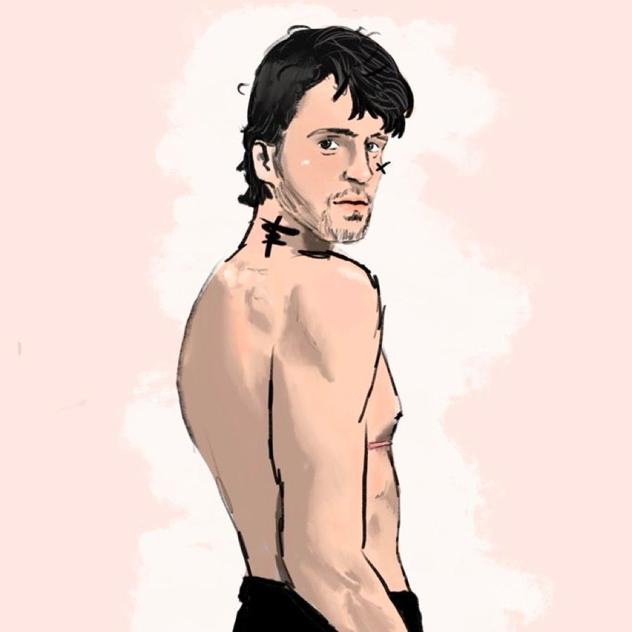 Fanart of Izzy Hands from Our Flag Means Death. He is shirtless, in profile, his top surgery scar visible on the side of his chest. He looks at the viewer curiously, his lips and cheeks pink. The swallow tattoo on his neck is very dark and splotchy. The ‘x’ tattoo on his cheek floats slightly off his face, blotting the background behind him. 