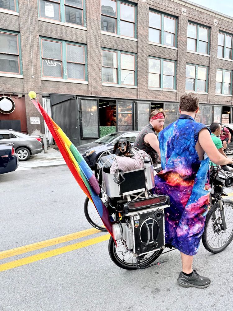 A photo of a Dachshund riding in a crate on the back of a bicycle. The bicycle rider is wearing a galaxy themed gown and a large rainbow pride flag hung from a flag pole off the back of the bike.   