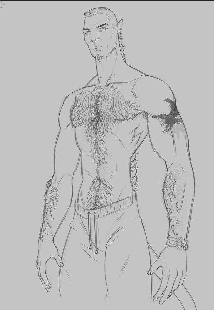A drawing of shirtless Miles Quaritch as he appears in Avatar The Way of Water. 

He is a muscular man with a high and tight haircut. A thick, single braid can be seen going down his back.

His tail can be seen, partially. He wears a military issue Casio heavy duty watch.

He is sketched with a very hairy chest and abdomen along with fuzzy forearms. his eagle tattoo can be seen on his left bicep.