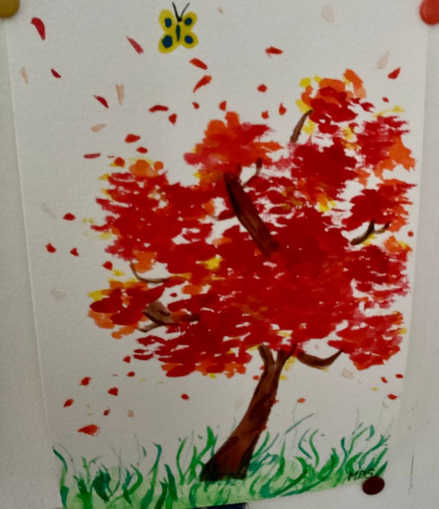Dessin représentant un arbre aux tons rouges