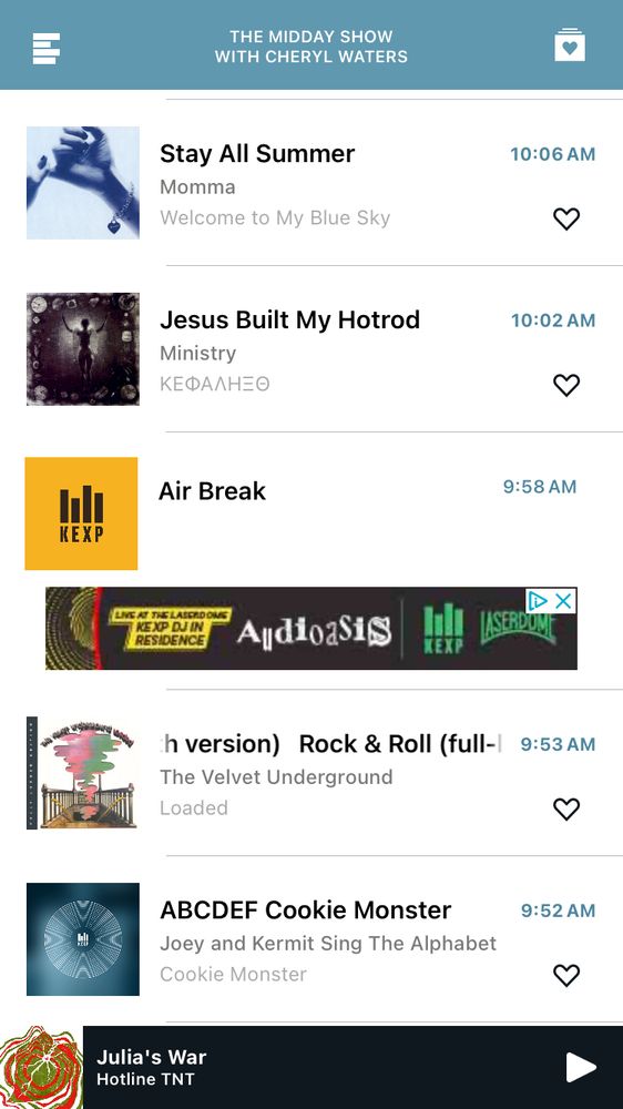 A screenshot of the KEXP playlist, showing from bottom to top "ABCDEF Cookie Monster" by Joey & Kermit from Sesame Street, "Rock & Roll" by the Velvet Underground, "Jesus Built My Hotrod" by Ministry, and "Stay All Summer" by Momma.