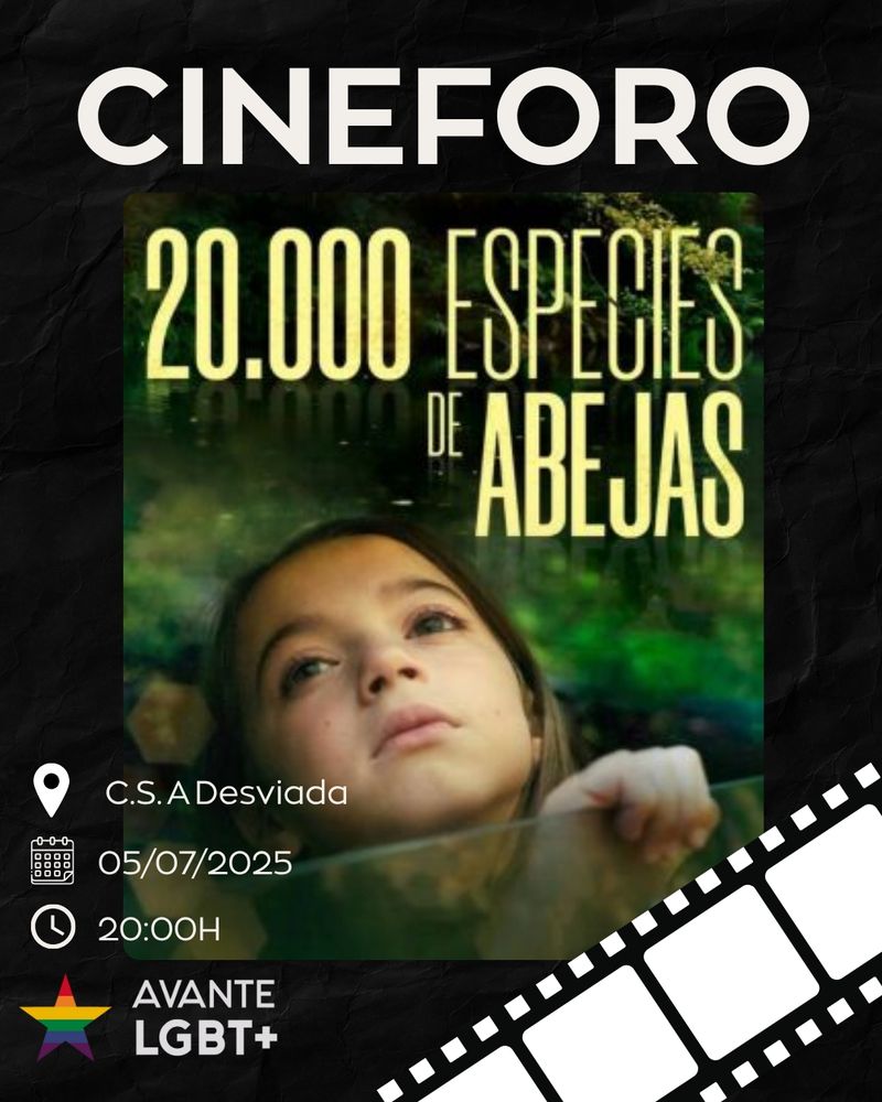 Cartaz anunciando a proxección da película 20.000 especies de abejas. No cartel aparece a carátula da película acompañanda cos datos que están na descrición da publicación.