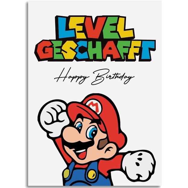 Geburtstagskarte mit Super Mario und dem Text "Level geschafft"