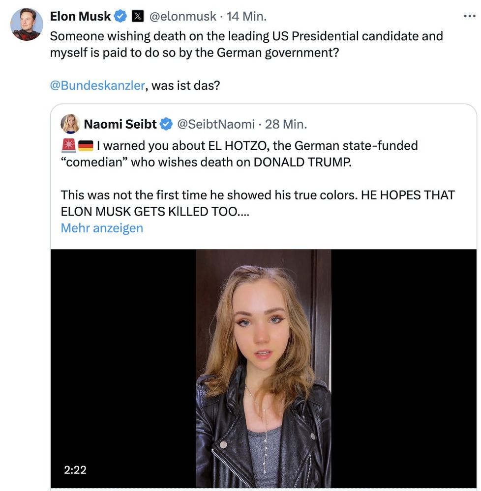 An image of an Elon Musk tweet, retweeting the farright, Heartland-Institute-funded (climatechange-denial) "AntiGreta" mocking the german comedian/satirist "El Hotzo".