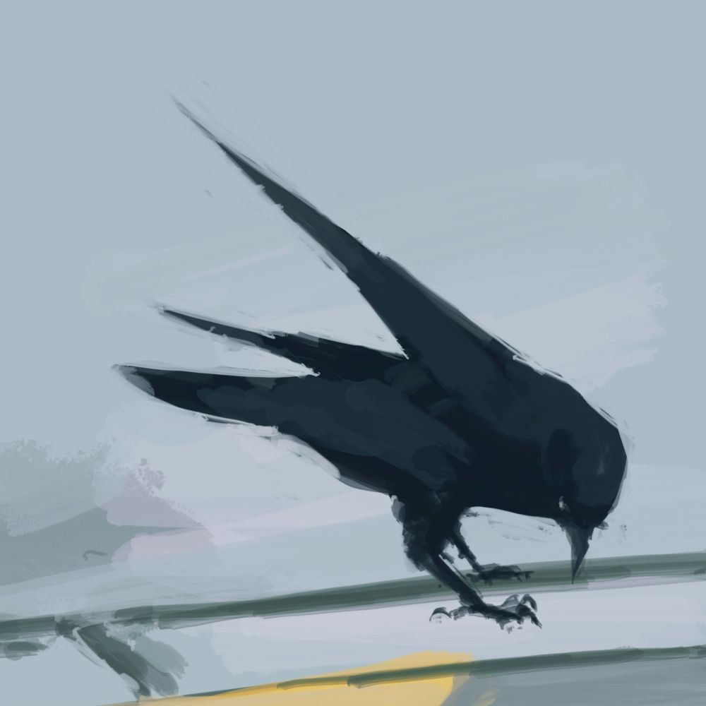 Painting of crow with spiky wings on ground