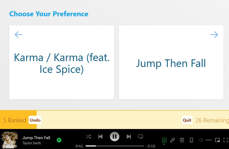 ranker tool for taylor swift’s music with the options karma and jump then fall.