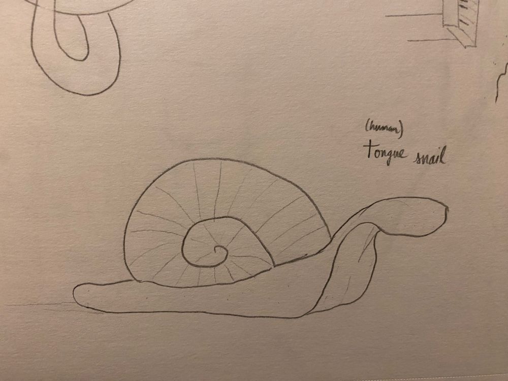 A disembodied human tongue with a snail’s shell slowly moving forward.