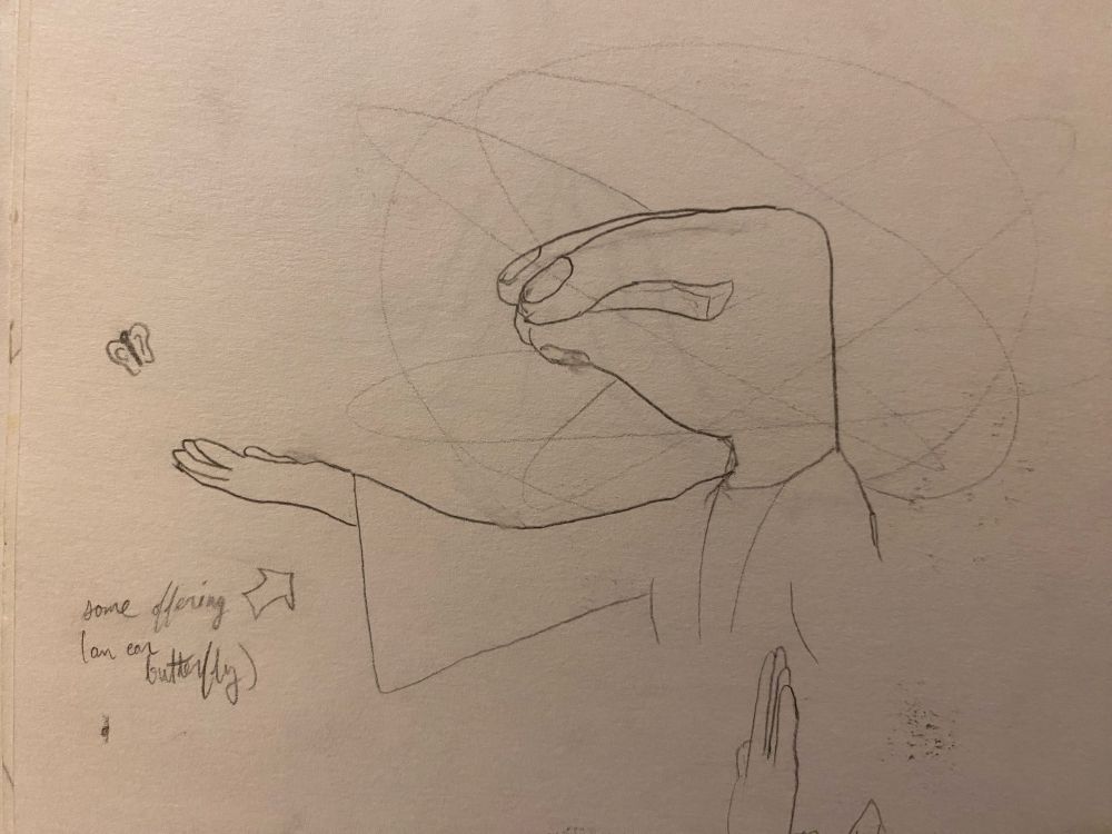 A priest with a giant hand where their head would be releases a butterfly (with ears for wings) into the air. They have faint rings around their hand-head.
