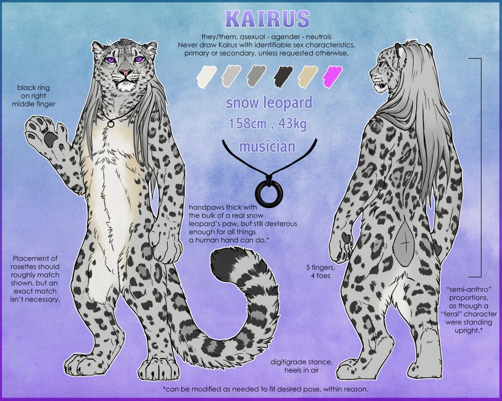 A reference of a bipedal anthropomorphic snow leopard named Kairus. They have purple eyes and a long gray mane.