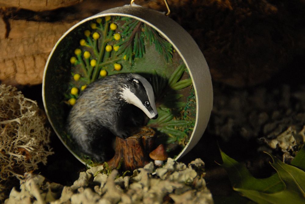 Diorama dans un boite ronde en bois contenant un petit blaireaux appuyé sur une souche avec un petit champignon à son pied.
La boite est entourée d'éléments forestiers : lichen, feuilles mortes, glands