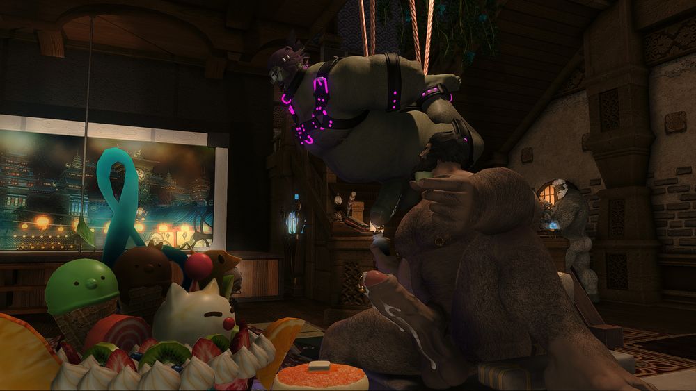 Name: Rough Bull
Job: Dragoon
Rank: Sergeant First Class
Hobbies: International relations, transportation
Dislikes: Alcohol, formal events
Brief: Growing up in an influential and wealthy merchant family, Rough Bull was always constrained in what he could do by overbearing parents who valued their reputation over his personal aspirations or interests, and sought to break from the gilded cage by signing up to the Maelstrom. What he didn't anticipate was stumble into one of his best decisions of his life, not only being free from the regimental life he had up until then, but also being encouraged to be as libidinous as he always wanted to be, indulging in fantasies he had long dreamed of surrounded by a variety handsome Roegadyn. He has since developed a deep fascination with pre-cum and semen, the smell and taste of it in particular, and doesn't shy away from drawing as much as he can from the captain to sample while using his own to mark the commander's hirsute body.