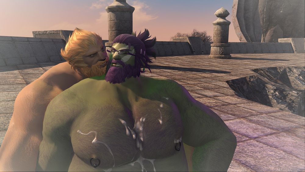 A close up of a couple of male Roegadyn cuddling while standing on the floating sky island ruins of the Churning Mists, one of them whispering into the ears of the other.