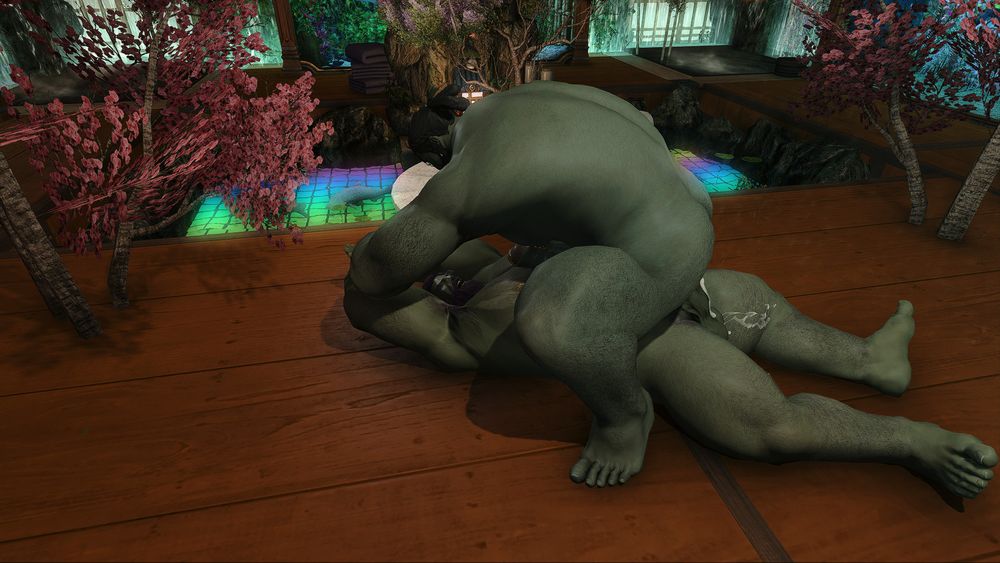 Two green Roegadyn, one riding the other while restraining him by hand