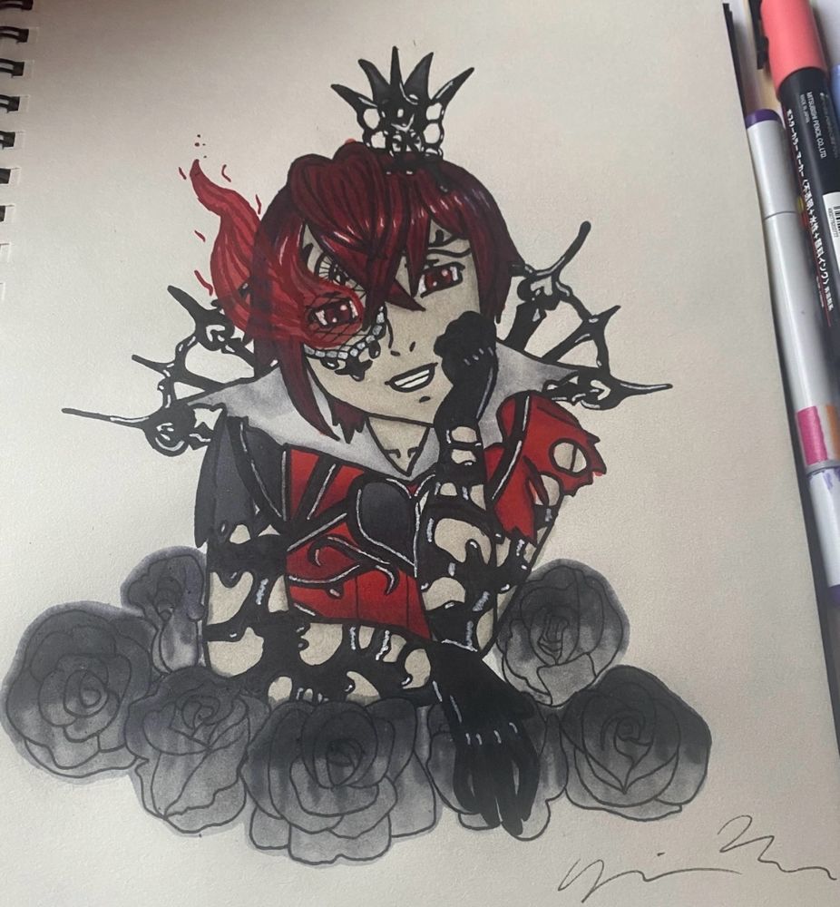 Overblot form Riddle Rosehearts from Twisted Wonderland drawn with Copic markers and colored pencils. A queen of hearts inspired outfit with a crown and clock-hand collar piece made of black ink.