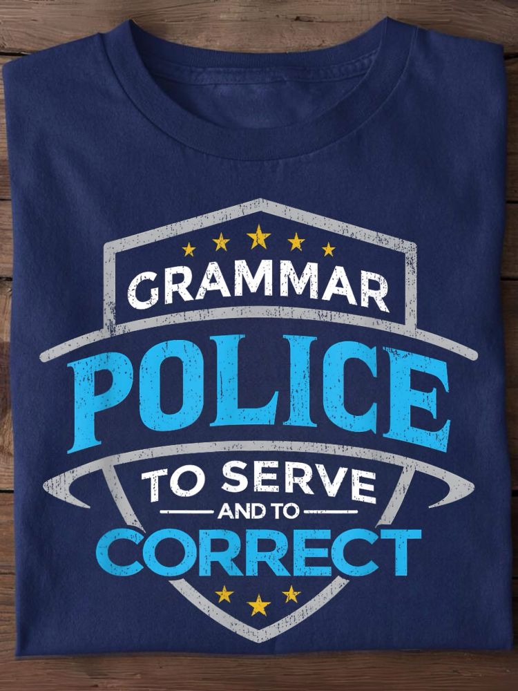Logo says Grammar police: to serve and correct.