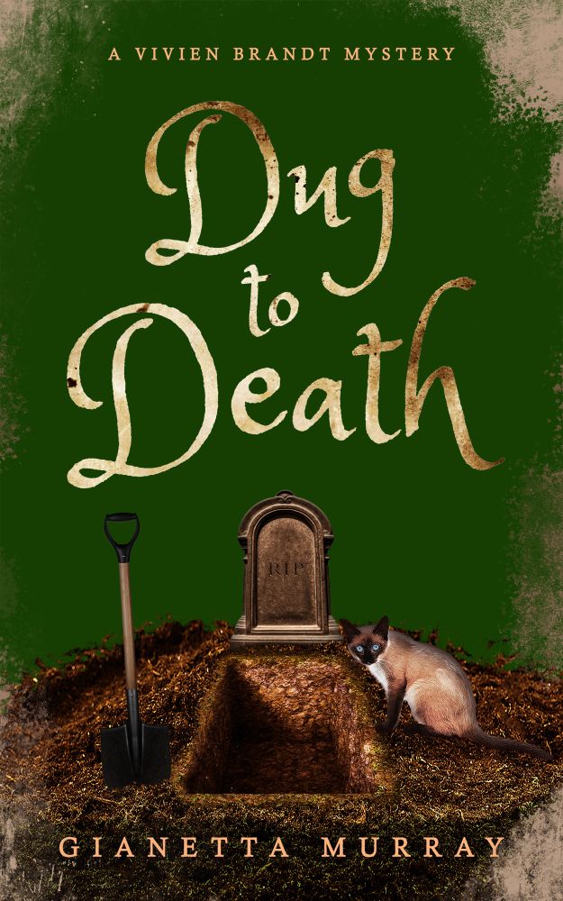 Cover of Dug to Death featuring a cat, a shovel, a hole, and a tombstone.