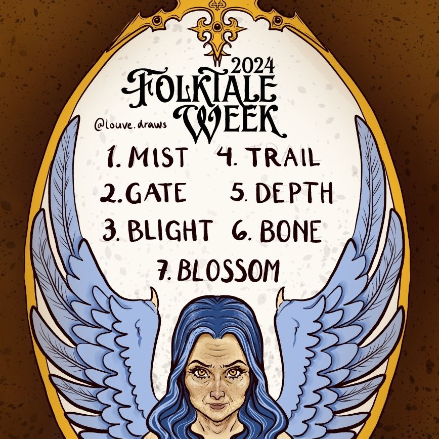 An illustration. Elderly winged woman below the prompts: Mist Gate Blight Trail Depth Bone Blossom