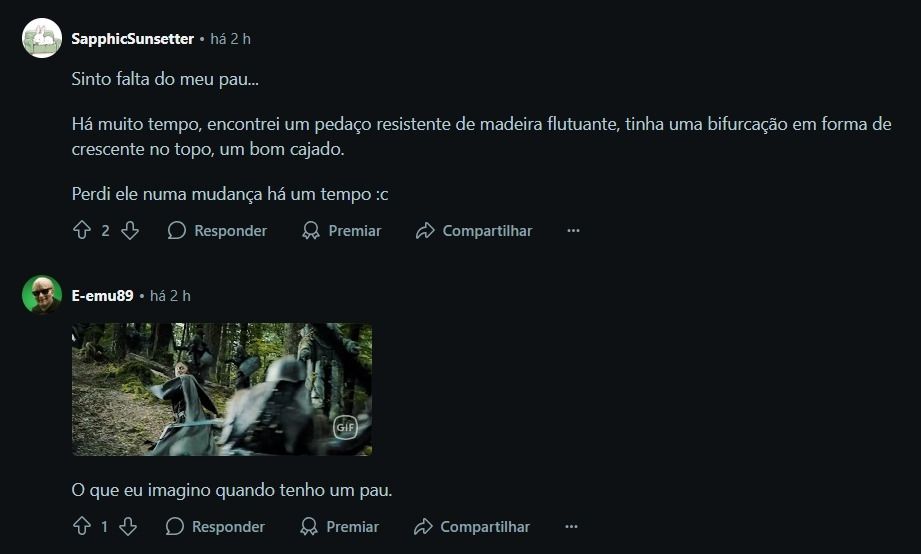 Outros 2 comentarios traduzidos automaticamente escrito: " sinto falta do meu pau... há muito tempo, encontrei um pedaço resistente de madeira flutuante, tinha uma bifurcação em forma de crescente no topo, um bom cajado. Perdi ele numa mudança há um tempo :c"
" o que eu imagino  quando tenho um pau" e um gif de uma briga de cajados entre soldados e mago