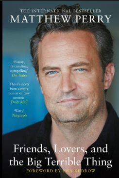 Book cover: Friends Lovers and the big terrible thing by Matthew Perry cover shows Matthew's face on a blue background