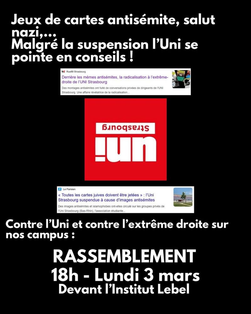 Jeux de cartes antisémite, salut nazi,...Malgré la suspension l'Uni se pointe en conseils ! Contre l'Uni et contre l'extrême droite sur nos campus : rassemblement 18h - Lundi 3 mars devant l'Institut Le Bel