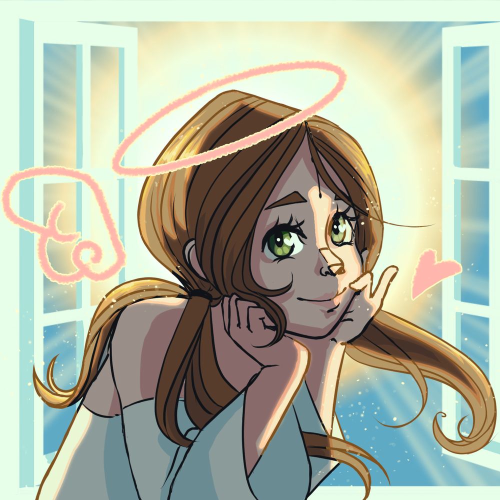 A drawing of my angel oc Sivah, with gold hair and green eyes in front of a sunny window.