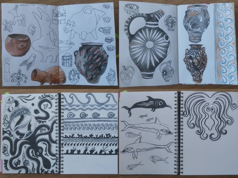 A collage of pictures from my sketchbook: the pages are filled with objects and motives from the Archaeological Museum of Iraklio with special focus on Maritime Style. This includes wave patterns, octopus, dolphins, shells and fish.