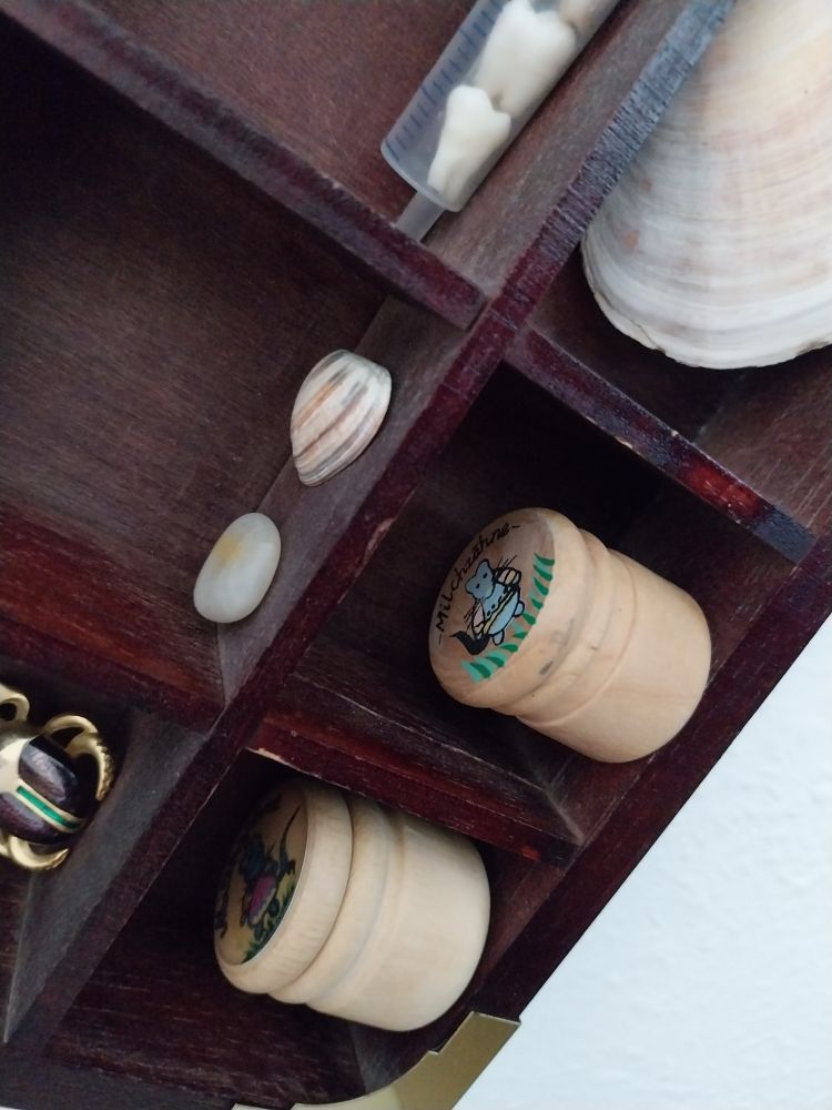 Photograph of part of a type case used as a nic-nac shelf. In focus are two small round boxes with drawings of mice on them. Above the mouse it says "Milchzähne" (=baby teeth).
My wisdom teeth however were too big so that's what can be seen up in the corner. The other compartments are filled with shells and pretty stones and a little golden bug pin.