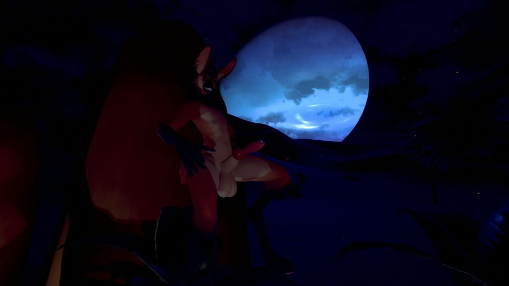 Me leaning against a rock in a desert at night smiling at the viewer while naked presenting my balls and erect knotted cock, lit by dim lamp light and silhouetted by a large blue moon