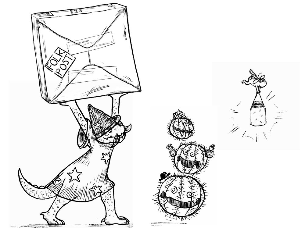 Illustrated in a line from right to left: 
A frog with fairy wings flying and carrying a lantern filled with fireflies.
A stack of three cactus with faces hopping along on top of each other.
A lizard with a mustache in a wizard hat and robe, carrying a large parcel.