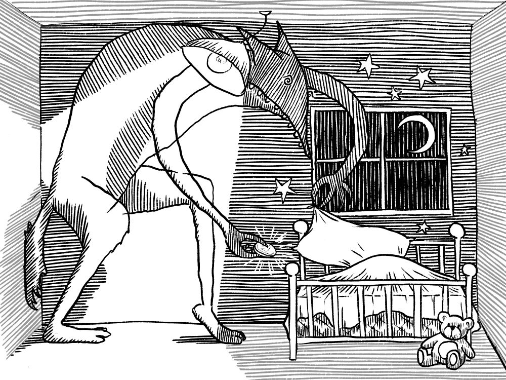 Illustration of a large humanoid wolf trying to discretely place a gold coin under the pillow of a sleeping child.