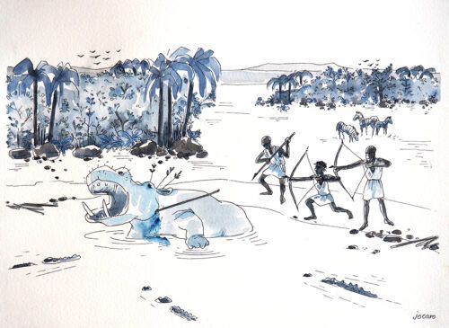 A drawing picturing three hunters killing a hippopotamus with arrows and a spear in a tropical setting