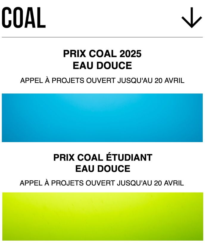 Une bande de couleur bleue et une verte avec un texte "Prix COAL 2025 Eau douce" et le même pour le prix étudiant