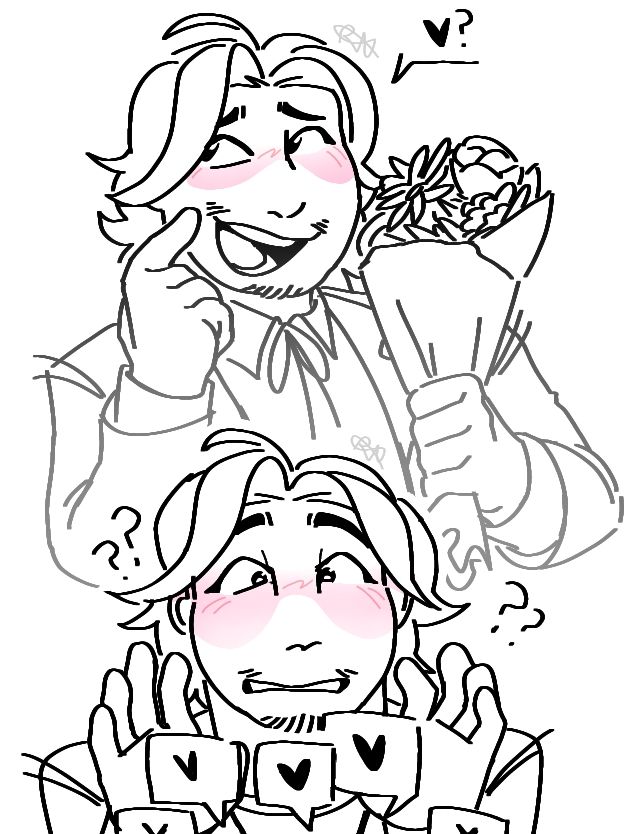 An image featuring 2 doodles. The top doodle features Bobby from K-Pop Demon Hunters, holding a bouquet of flowers in one hand and scratching his face with another, awkwardly asking someone off-screen on a date. The bottom doodle features Bobby being flustered over by others' verbally expressing their admiration and love for him.