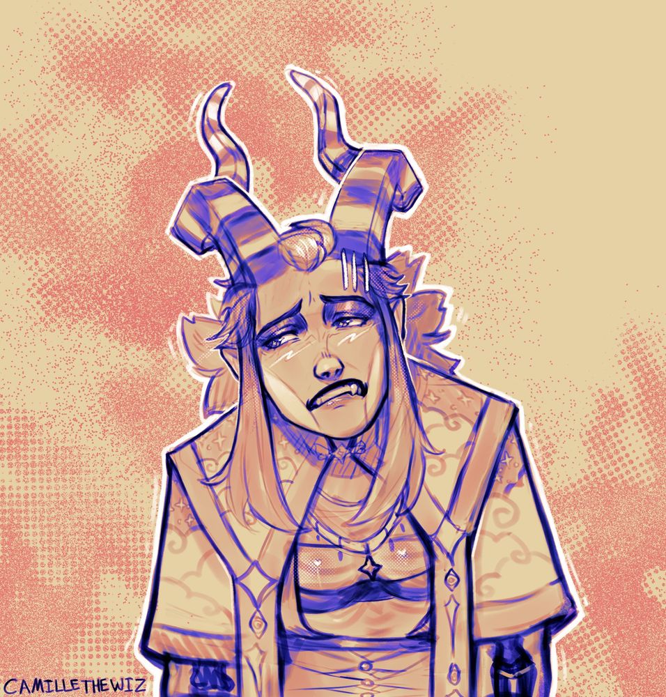 sketch of character camille the wizard cringing at something off to the side offscreen